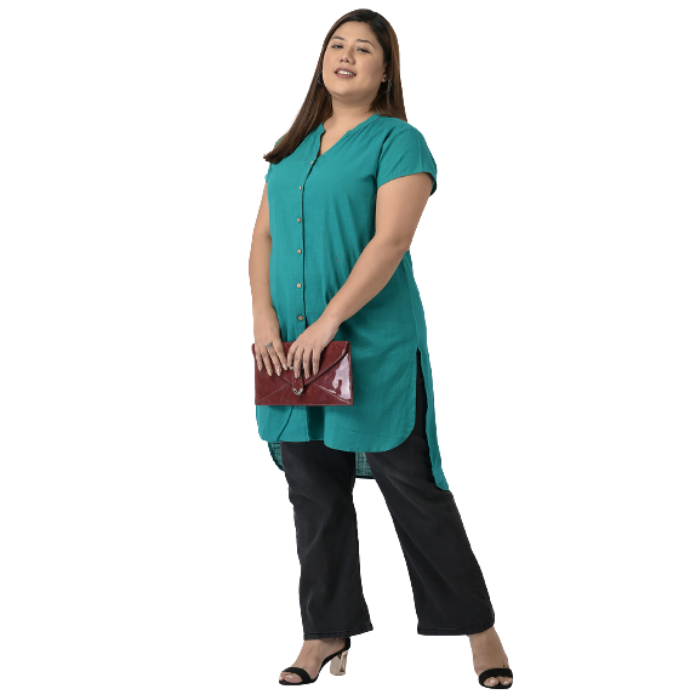 Women Teal Solid Cotton Kurta