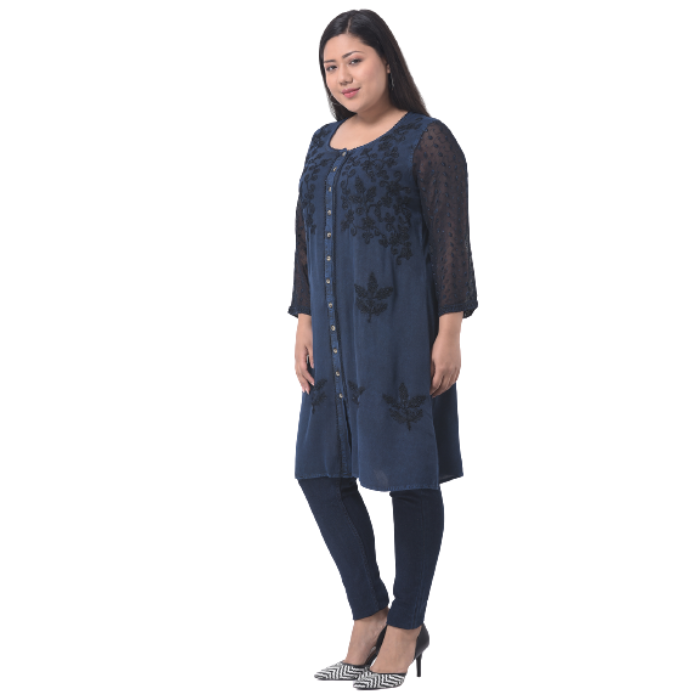 Women Navy Blue Floral Embroidered Thread Work Kurta