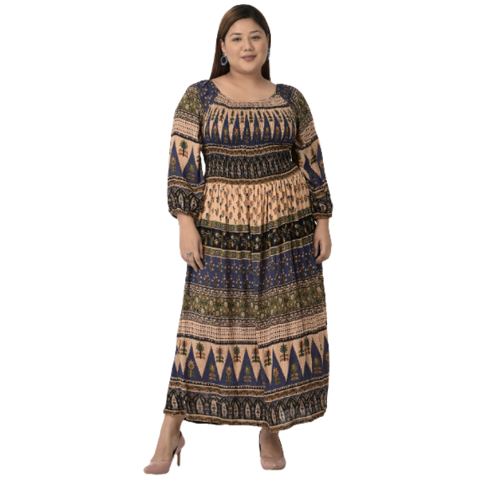 Cream-Coloured & Grey Ethnic Motifs Maxi Dress