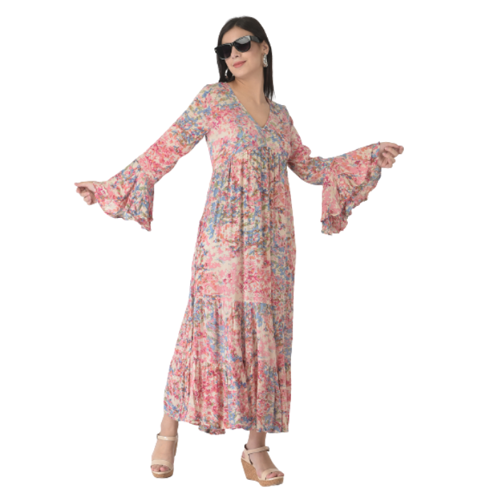 Pink & Blue Floral Maxi Rayon Dress