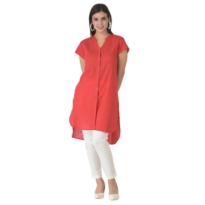Red Mandarin Collar Shirt Style Longline Top
