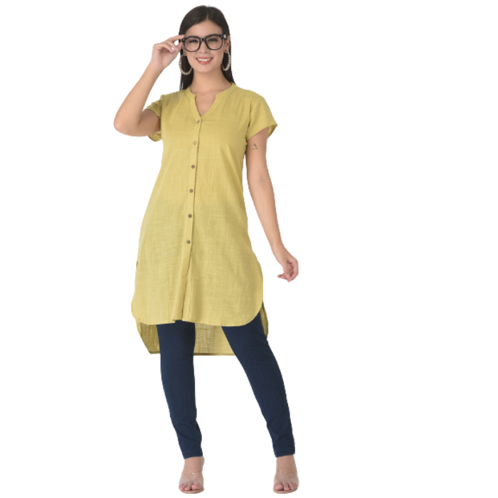 Yellow Mandarin Collar Shirt Style Longline Top