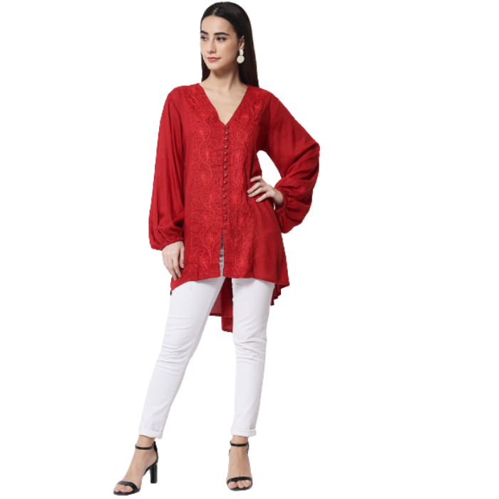 Women Red High-Low Longline Top