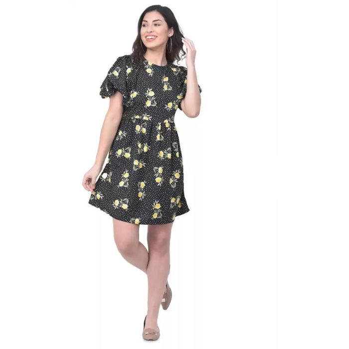 Women Black & Yellow Floral Printed A-Line Dress