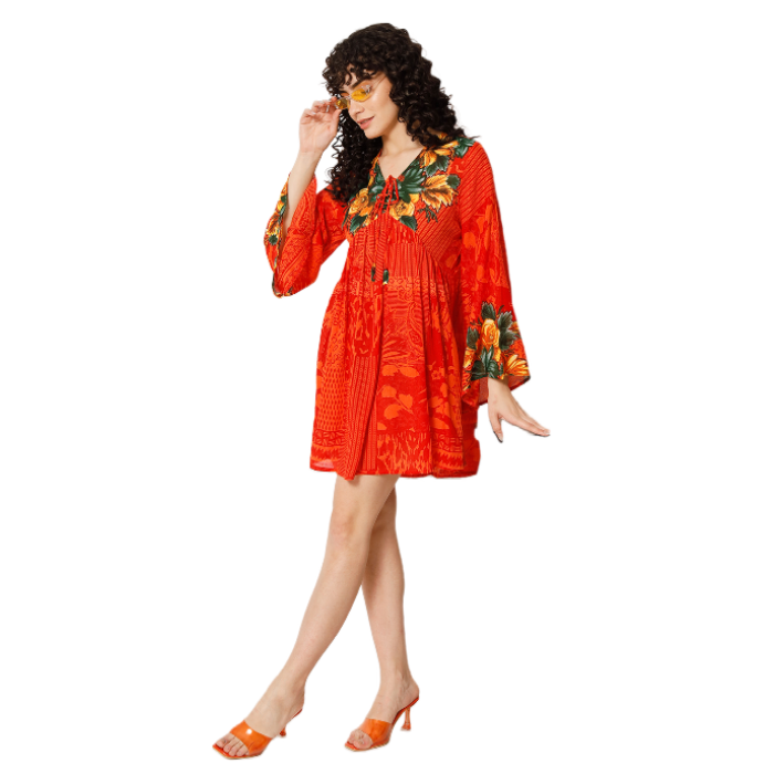 Orange Floral Print Longline Dress