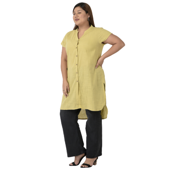 Plus Size Women Yellow Solid Casual Kurta