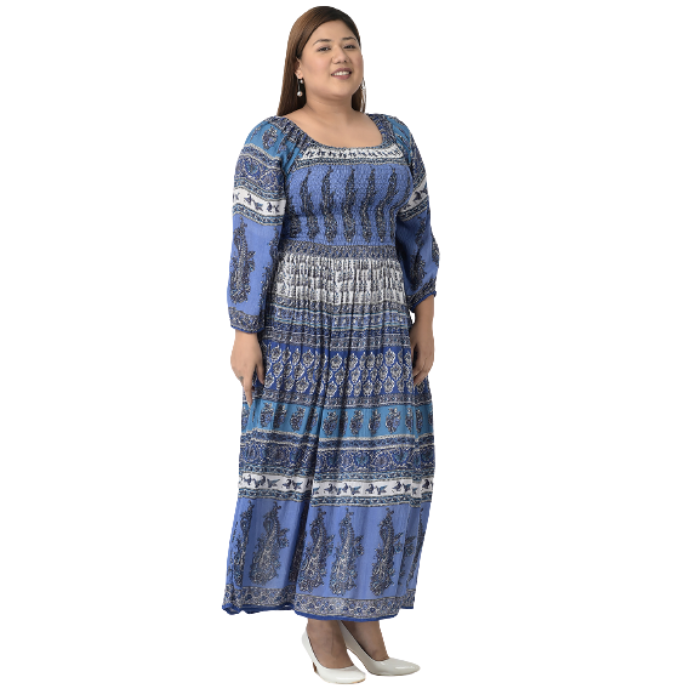 Blue Ethnic Printed Long Sleeves Maxi Dress