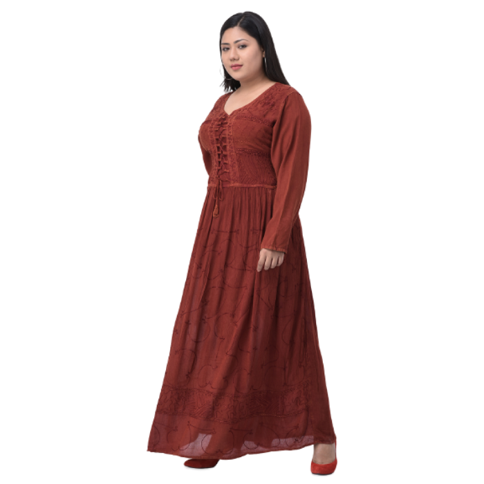 Plus Size Maroon Embroidered Maxi Dress