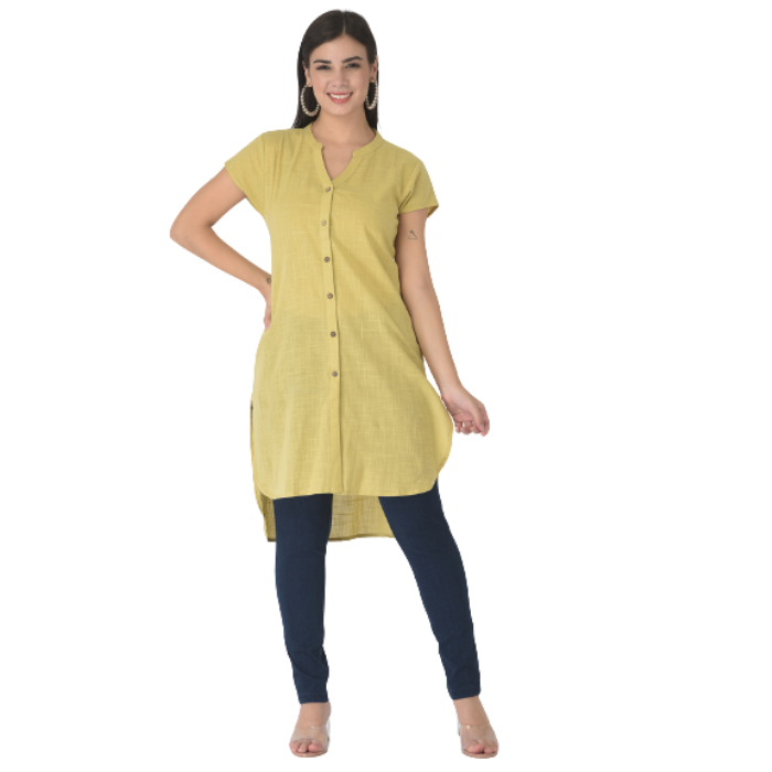 Yellow Mandarin Collar Shirt Style Longline Top