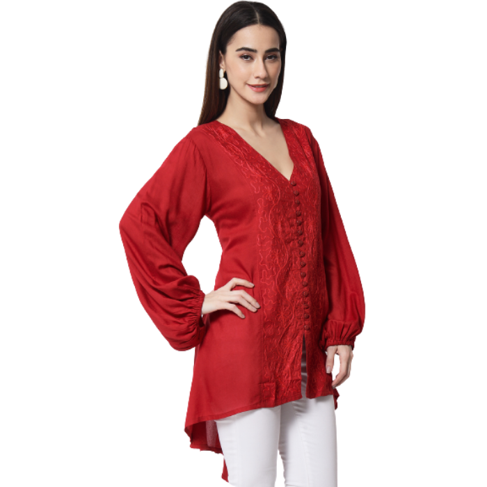 Women Red High-Low Longline Top