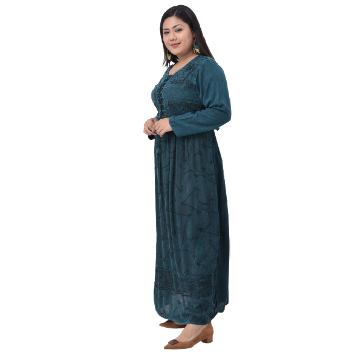 Women Teal Embroidered Round Neck Maxi Dress