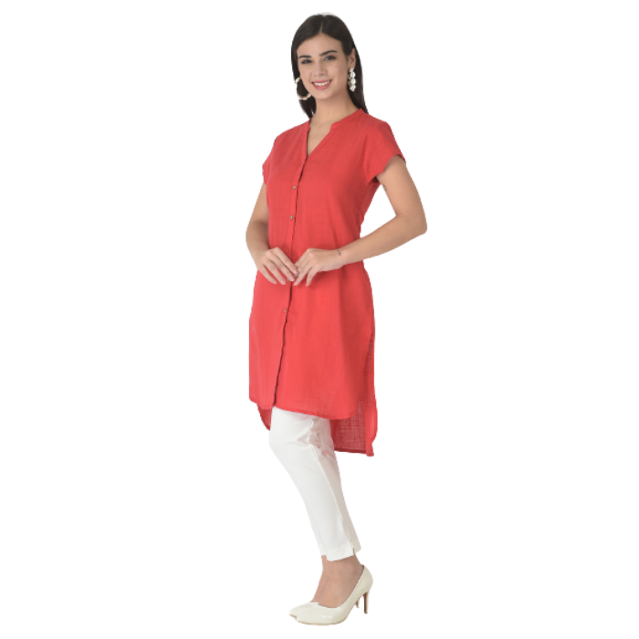 Red Mandarin Collar Shirt Style Longline Top