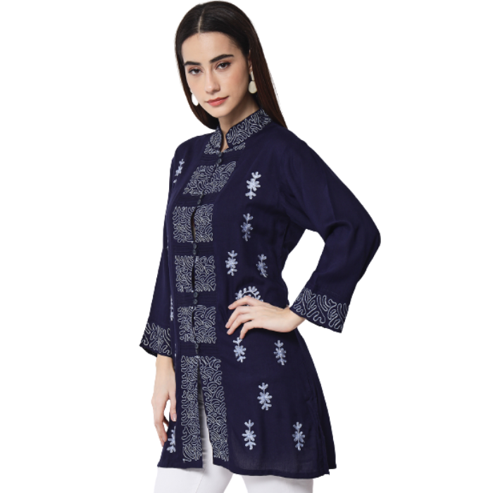 Navy Blue Print Mandarin Collar Shirt Style Longline Top