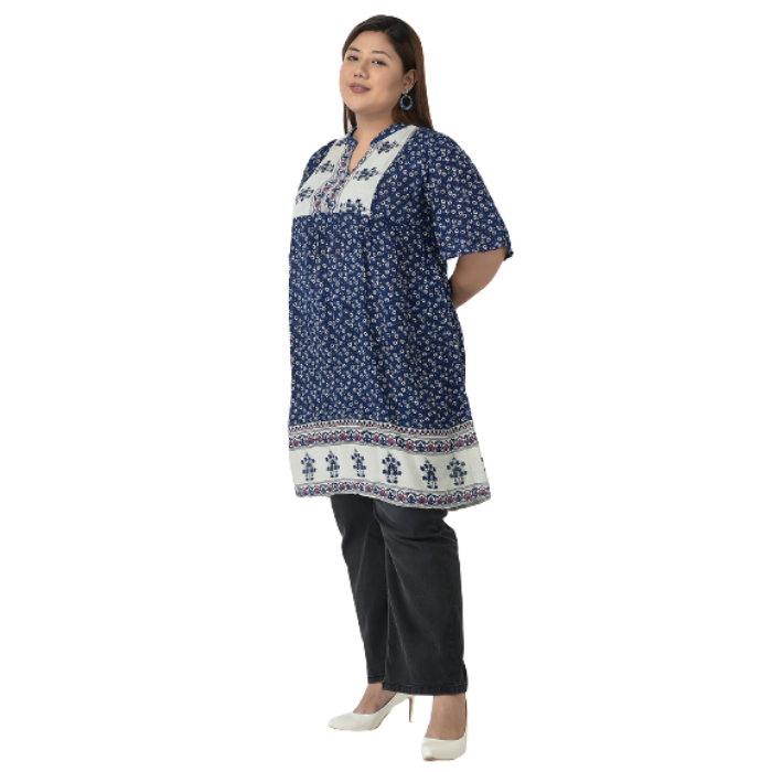 Plus-Size Blue & Off White Floral Printed Kurta