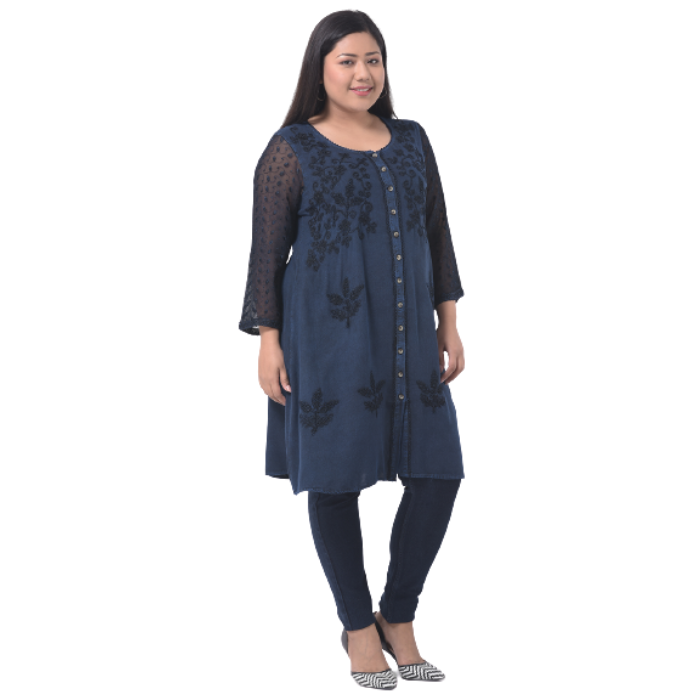 Women Navy Blue Floral Embroidered Thread Work Kurta