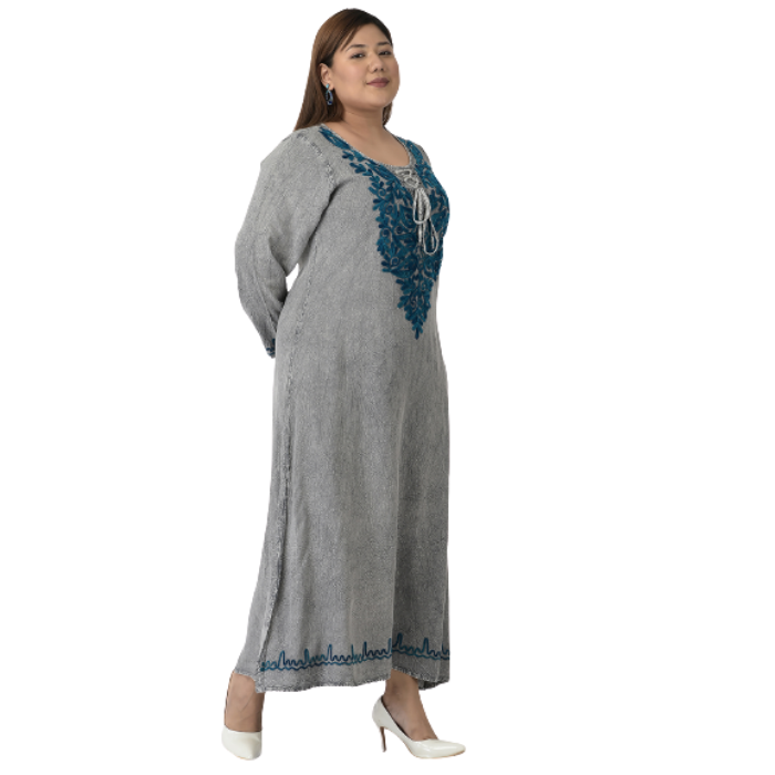 Women Grey & Blue Floral Embroidered Maxi Dress