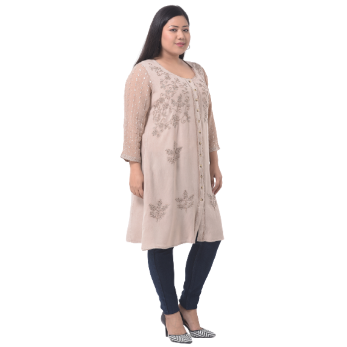 Beige Floral Embroidered Longline Top Plus Size