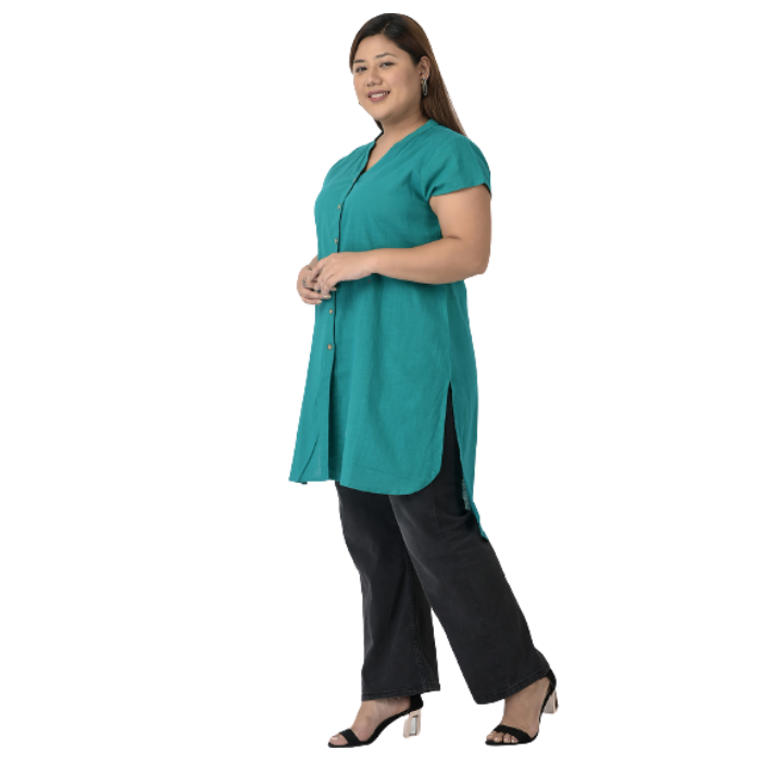 Women Teal Solid Cotton Kurta