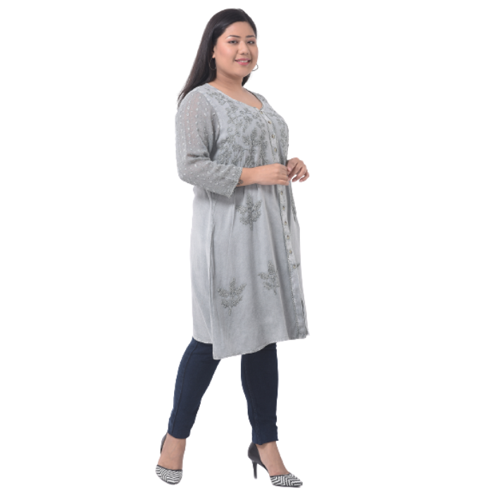 Grey Floral Embroidered Longline Top Plus Size