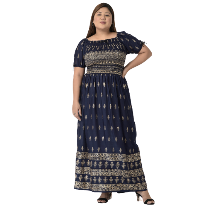 Navy Blue & Gold-Toned Ethnic Motifs Maxi Dress