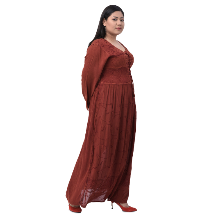 Plus Size Maroon Embroidered Maxi Dress