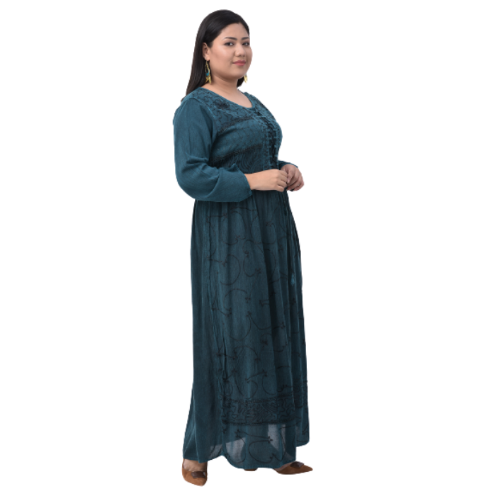 Women Teal Embroidered Round Neck Maxi Dress