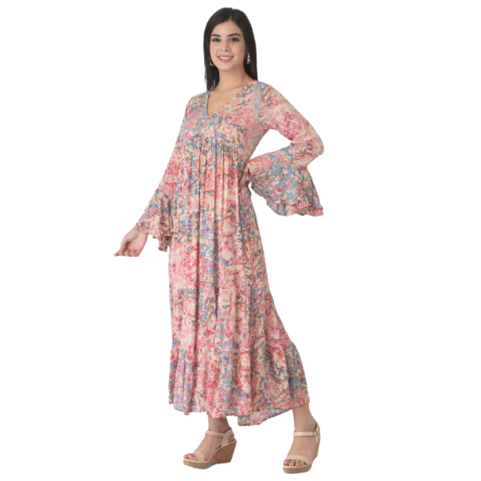 Pink & Blue Floral Maxi Rayon Dress