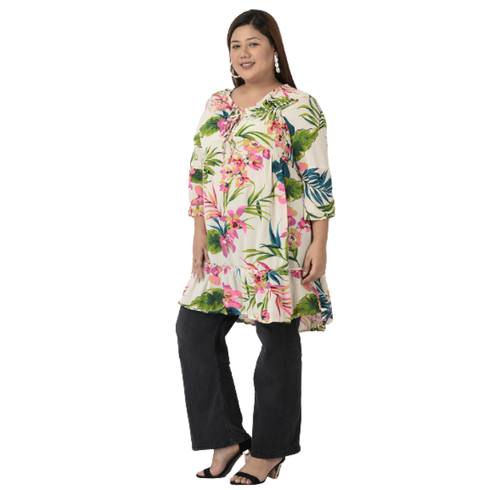 Off White & Green Tropical Print Longline Top