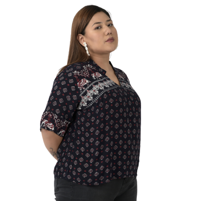 Women Plus Size Black Floral Print Mandarin Collar Top