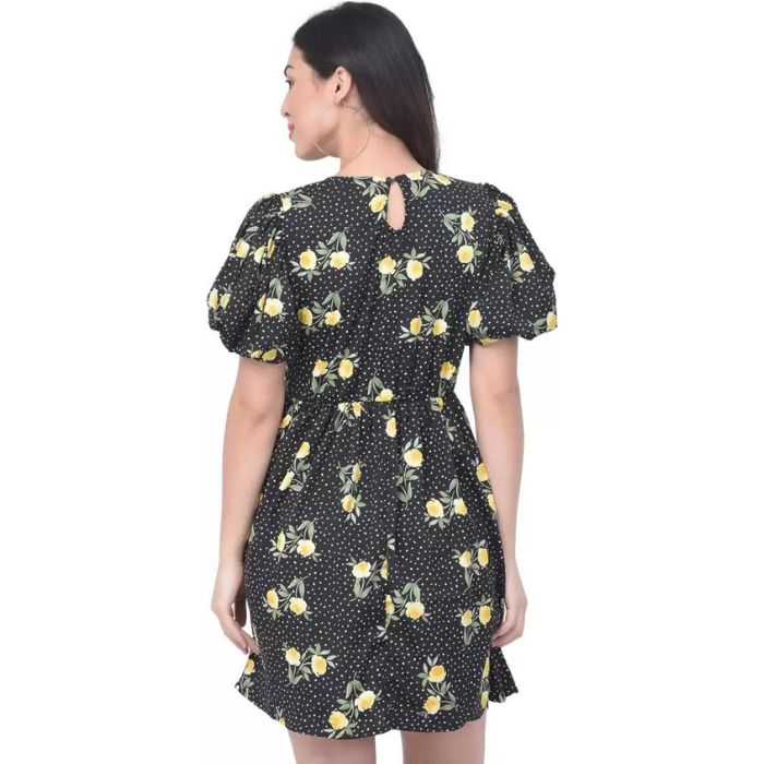 Women Black & Yellow Floral Printed A-Line Dress