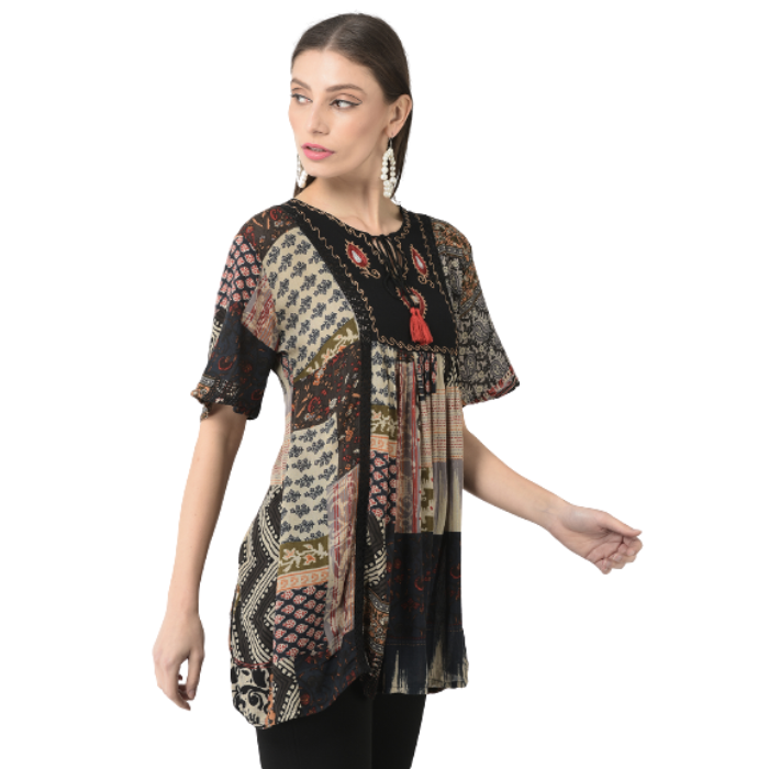 Print Tie-Up Neck A-Line Top