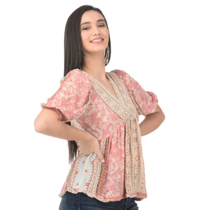 Floral Printed Pleated Puff Sleeves Empire Top