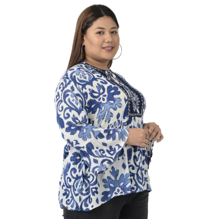 Women Plus size Blue Print Tie-Up Neck Top