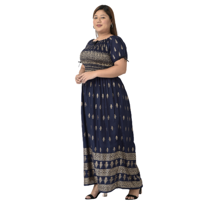 Navy Blue & Gold-Toned Ethnic Motifs Maxi Dress