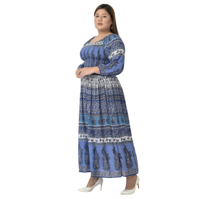 Blue Ethnic Printed Long Sleeves Maxi Dress