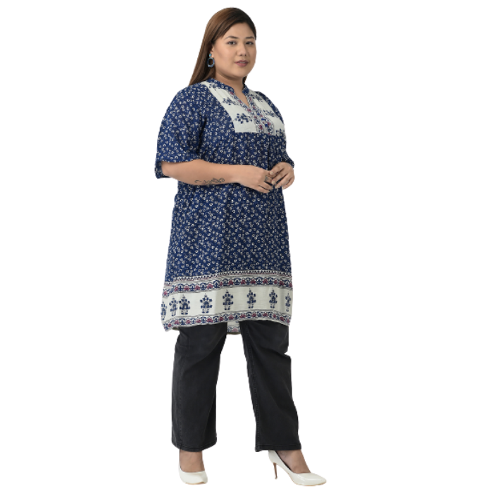 Plus-Size Blue & Off White Floral Printed Kurta