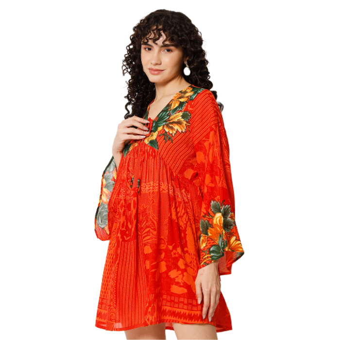 Orange Floral Print Longline Dress