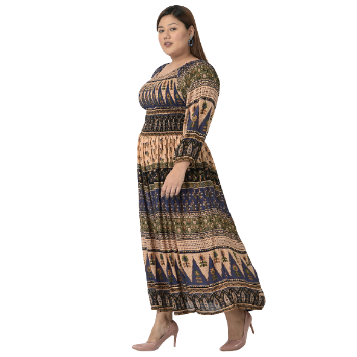 Cream-Coloured & Grey Ethnic Motifs Maxi Dress