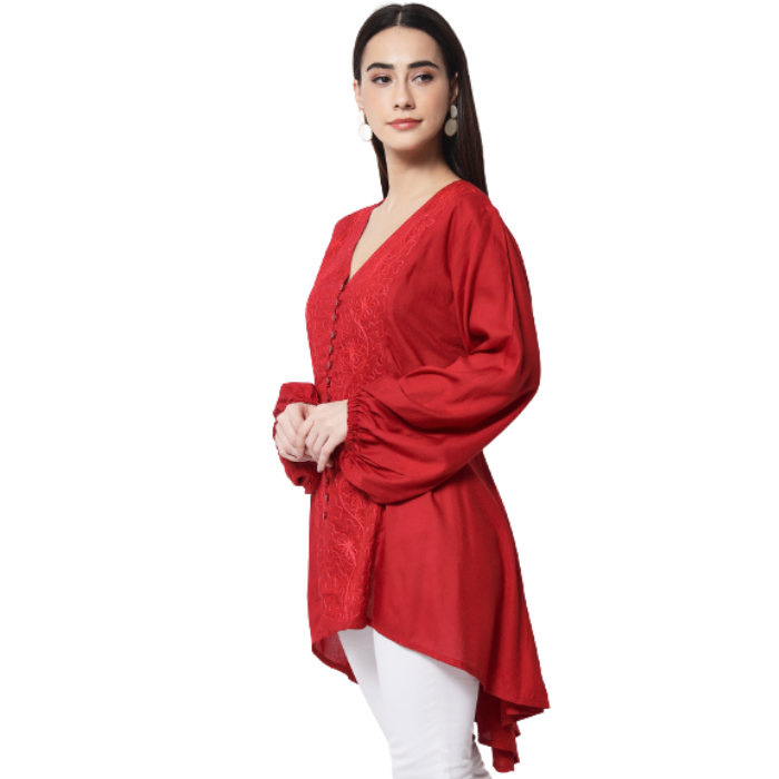 Women Red High-Low Longline Top