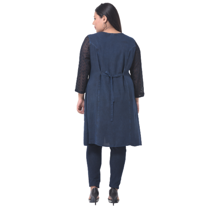 Women Navy Blue Floral Embroidered Thread Work Kurta