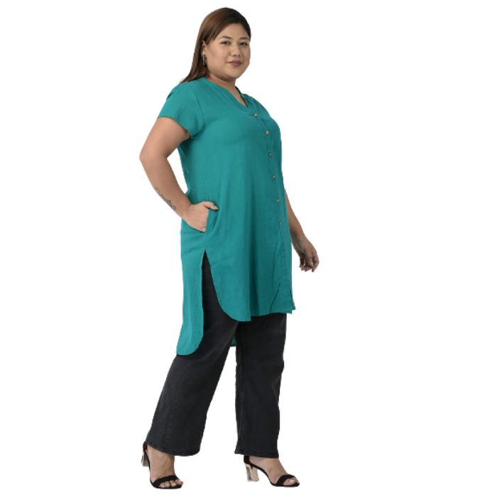 Women Teal Solid Cotton Kurta