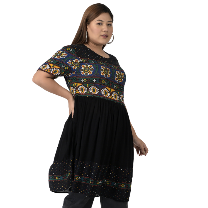 Black Floral Print Longline Top