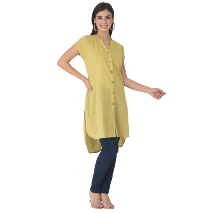 Yellow Mandarin Collar Shirt Style Longline Top