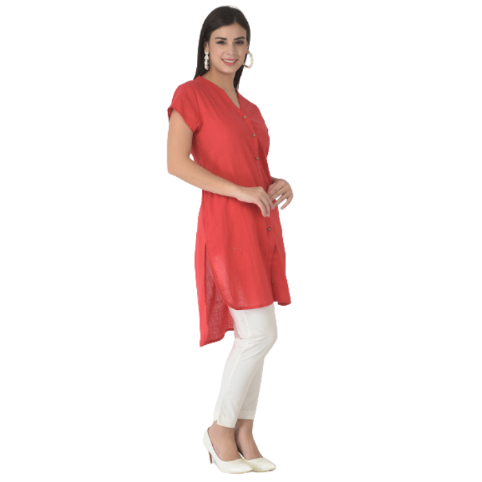 Red Mandarin Collar Shirt Style Longline Top