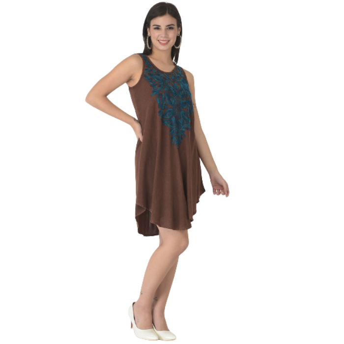 Brown Floral Embroidered A-Line Rayon Dress