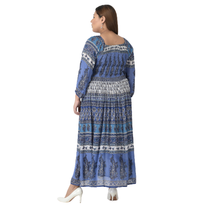 Blue Ethnic Printed Long Sleeves Maxi Dress