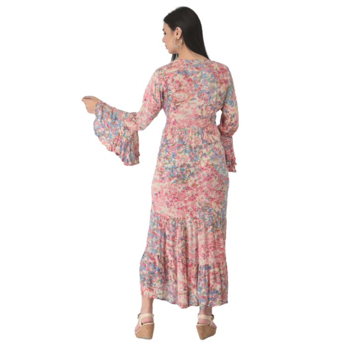 Pink & Blue Floral Maxi Rayon Dress