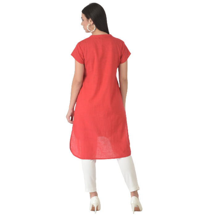 Red Mandarin Collar Shirt Style Longline Top