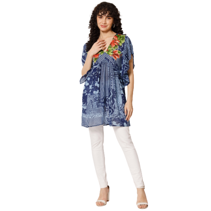 Floral Print Flutter Sleeve Wrap Longline Top