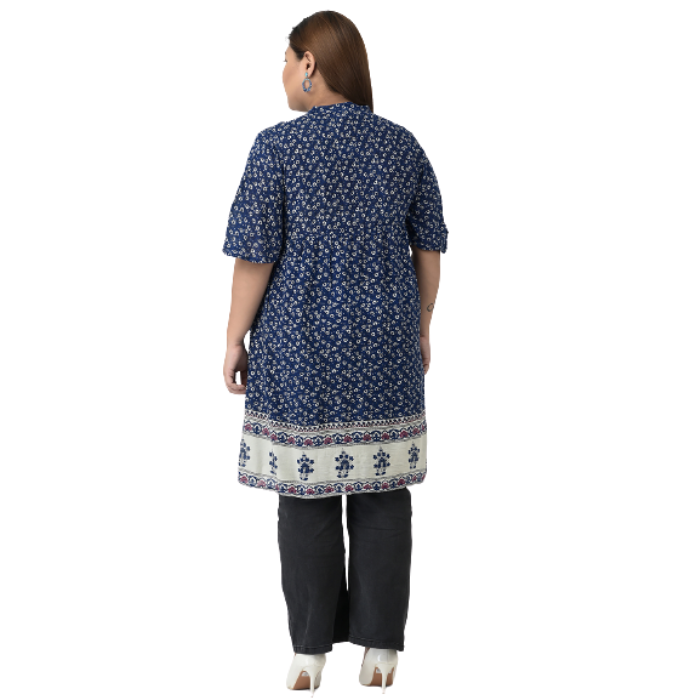 Plus-Size Blue & Off White Floral Printed Kurta